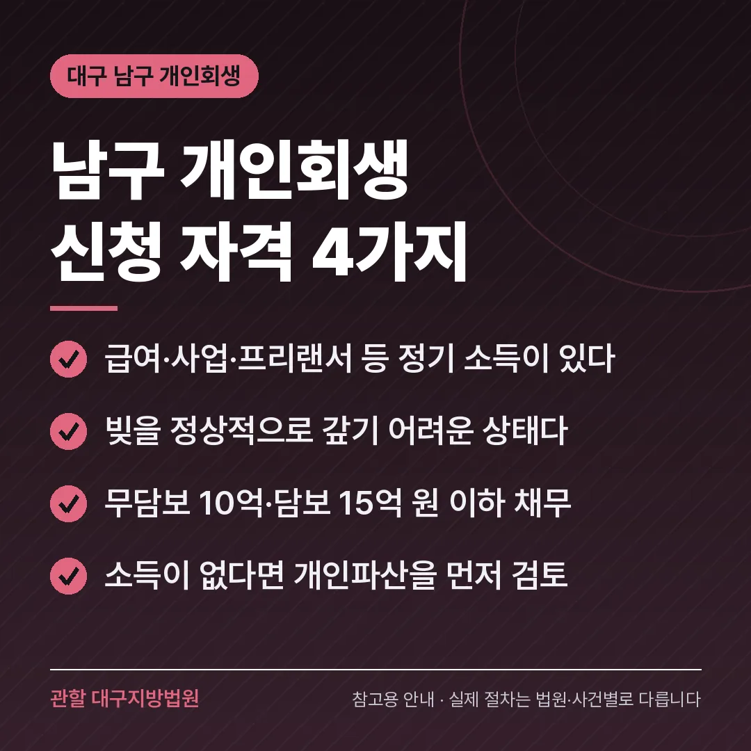 대구 남구 개인회생 신청 자격 4가지 대구 남구 개인회생 신청 자격 4가지
